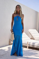 Crystal Glow Mesh Halter Maxi Dress Blue