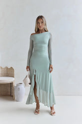 Whispered Secrets Mesh Long Sleeve Maxi Dress Sage