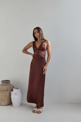 Romantic One Satin Maxi Dress Brown