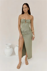 Heading Out Strapless Midi Dress Olive