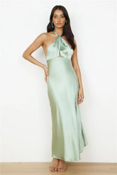 In My Feelings Satin Maxi Dress Sage