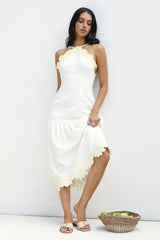 Golden Petals Midi Dress White