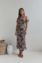 Desert Flower Off Shoulder Maxi Dress Brown