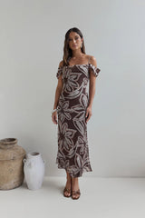 Desert Flower Off Shoulder Maxi Dress Brown