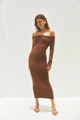 Angels Sing Off Shoulder Knit Maxi Dress Chocolate
