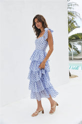 Mediterranean Muse Tiered Midi Dress Blue