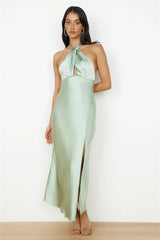 In My Feelings Satin Maxi Dress Sage