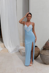 Lost In Love Satin Slip Maxi Dress Blue