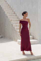 Dahlia One Shoulder Mesh Maxi Dress Maroon