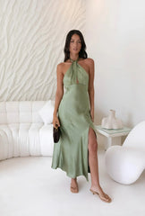 In My Feelings Satin Maxi Dress Olive