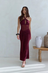 Taste Of Luxe Halter Mesh Maxi Dress Burgundy