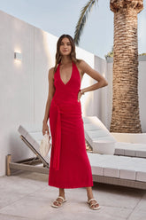 Dive In Mesh Halter Maxi Dress Red