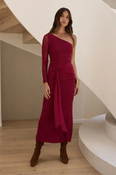 Moment Of Clarity One Shoulder Mesh Maxi Dress Plum