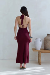 Taste Of Luxe Halter Mesh Maxi Dress Burgundy