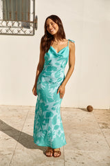 Sweet Autumn Leaves Satin Halter Maxi Dress Sage