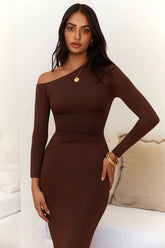 Winter Goddess Off Shoulder Long Sleeve Maxi Dress Brown