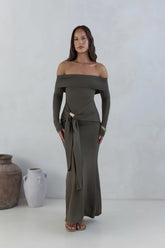 The Getaway Edit Off Shoulder Maxi Dress Olive