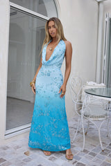 On The Stage Mesh Halter Maxi Dress Blue