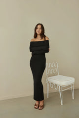 Angels Sing Off Shoulder Knit Maxi Dress Black
