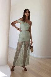 Blossoming Hearts Off Shoulder Lace Maxi Dress Sage