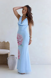 Truth Be Told Halter Mesh Maxi Dress Blue