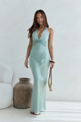 Destinations Halter Satin Maxi Dress Sage