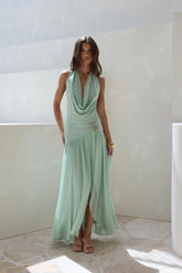 Floating Clouds Halter Mesh Maxi Dress Sage
