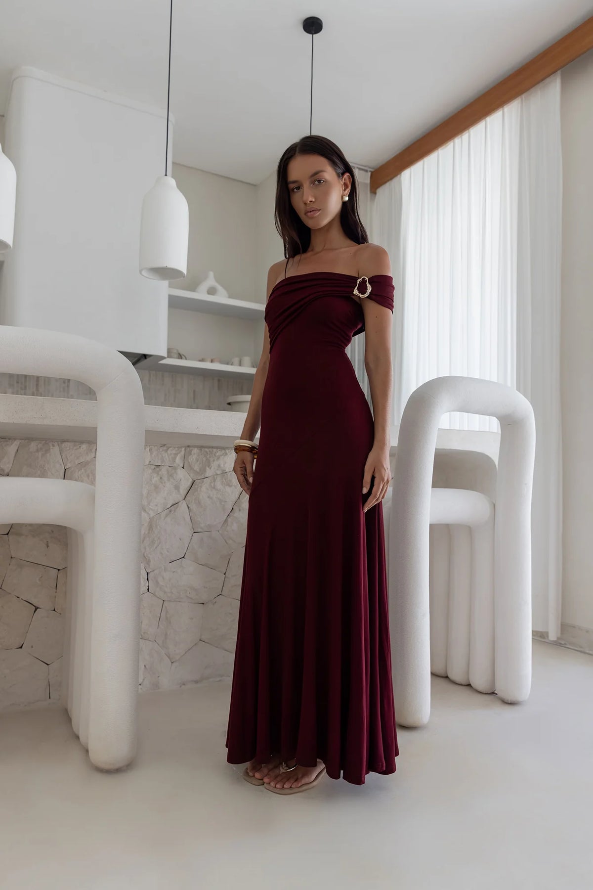 Sundown Secrets Off Shoulder Maxi Dress Wine