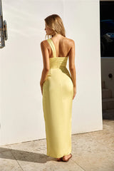 Celebrations Under Stars Satin One Shoulder Maxi Dress Yellow