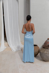 Lost In Love Satin Slip Maxi Dress Blue