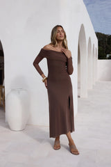 Horizon Luxe Off Shoulder Maxi Dress Coffee