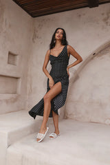 HELLO MOLLY Dotted Moment Satin Polka Dot Midi Dress Black