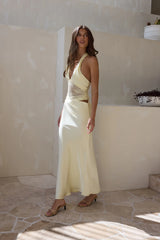 Call Me Yours Lace Halter Satin Maxi Dress Lemon