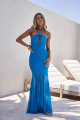 Crystal Glow Mesh Halter Maxi Dress Blue