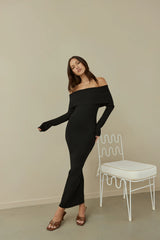 Angels Sing Off Shoulder Knit Maxi Dress Black