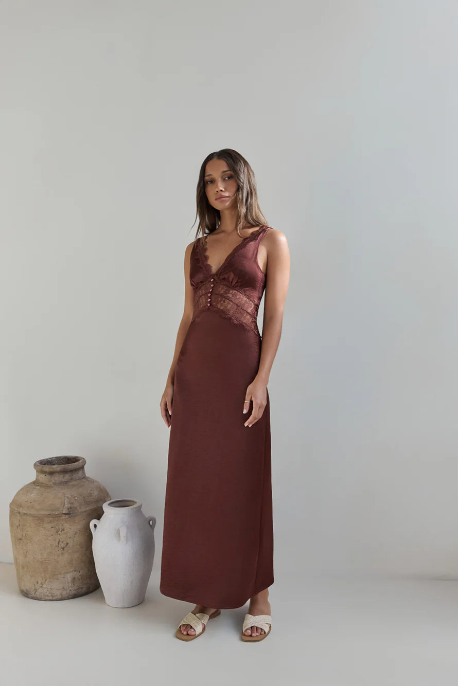 Romantic One Satin Maxi Dress Brown