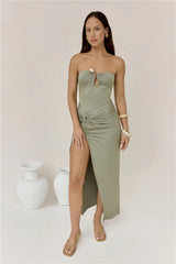 Heading Out Strapless Midi Dress Olive