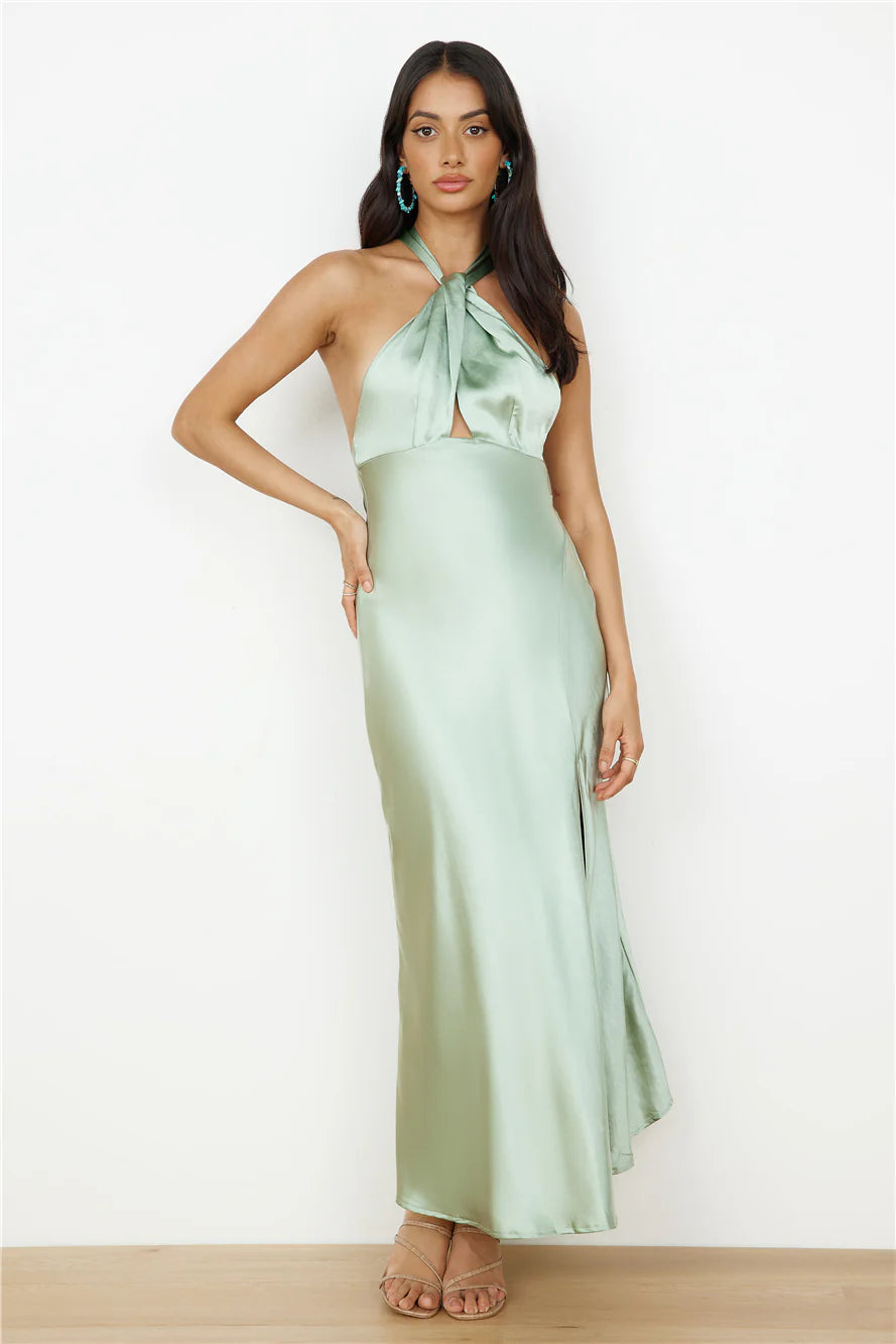 In My Feelings Satin Maxi Dress Sage