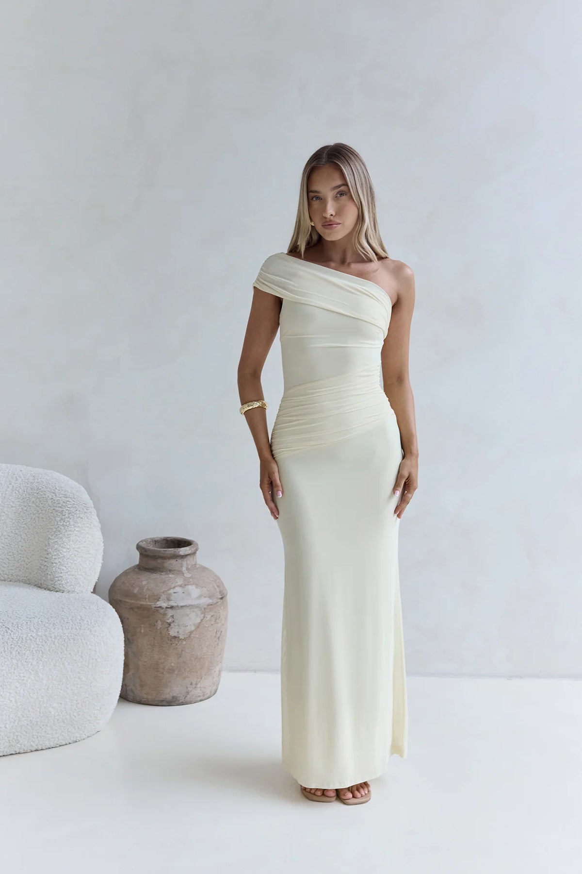 Kiss The Moon One Shoulder Mesh Maxi Dress Lemon