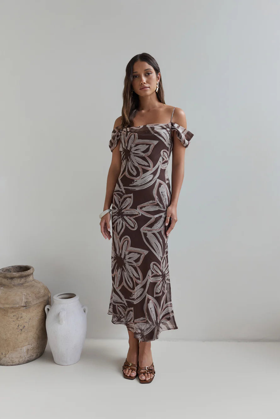 Desert Flower Off Shoulder Maxi Dress Brown