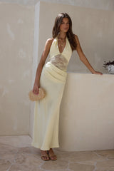 Call Me Yours Lace Halter Satin Maxi Dress Lemon
