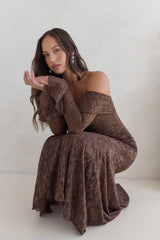 Here For Love Off Shoulder Mesh Maxi Dress Chocolate
