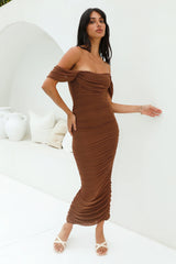 Intergalactic Off-Shoulder Maxi Dress Brown