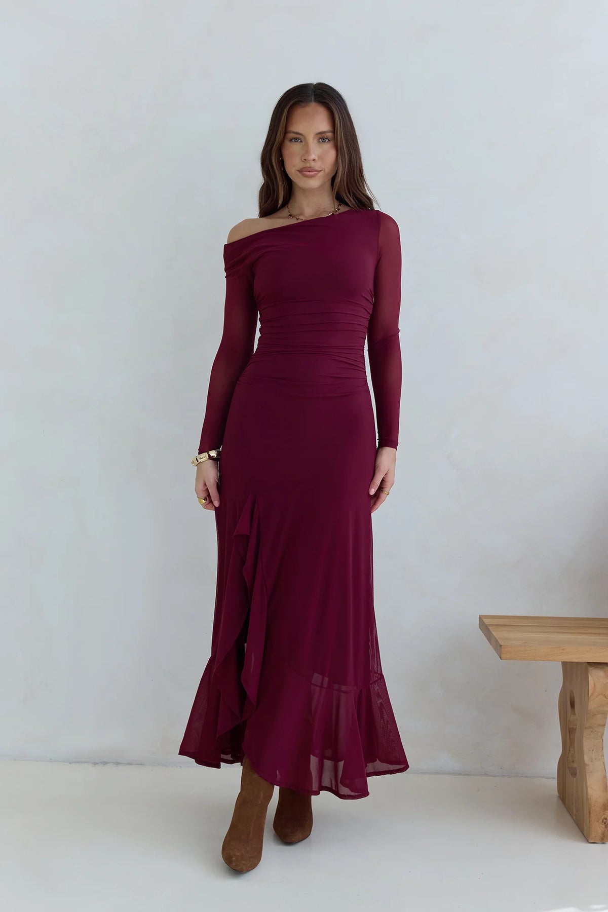 Whispered Secrets Mesh Long Sleeve Maxi Dress Wine