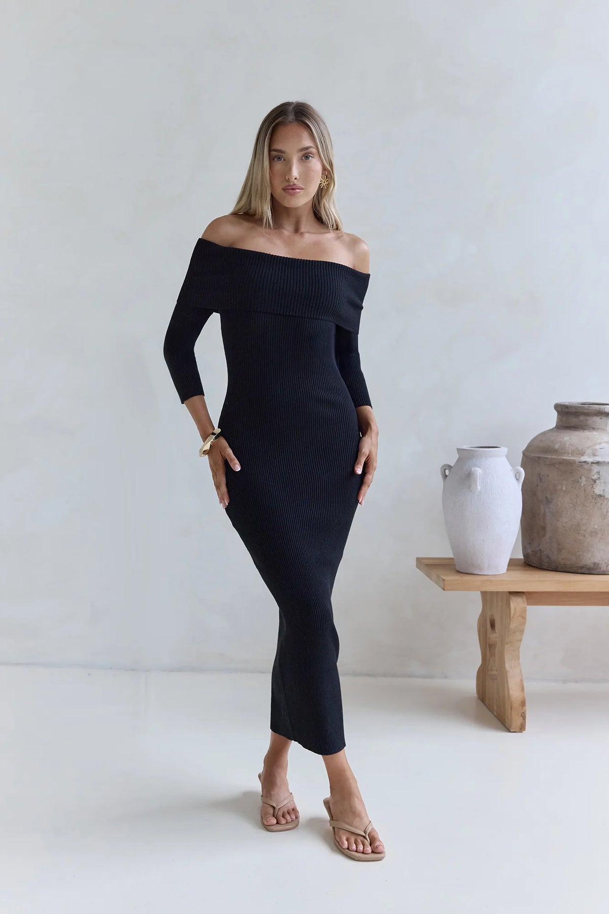 Chilled Luxe Off Shoulder Knit Maxi Dress Black