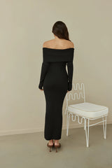Angels Sing Off Shoulder Knit Maxi Dress Black