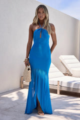 Crystal Glow Mesh Halter Maxi Dress Blue