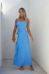 Heart For You One Shoulder Mesh Maxi Dress Blue