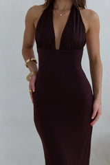 Iconic Evening Halter Maxi Dress Brown