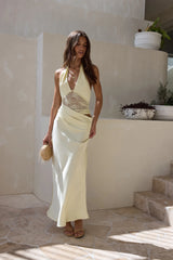 Call Me Yours Lace Halter Satin Maxi Dress Lemon